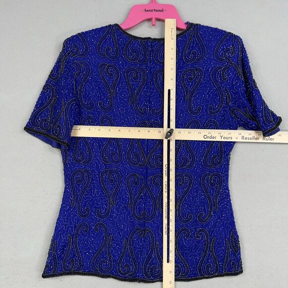 Vintage Stenay Top Womens Medium Blue Beaded Paisley Evening 100% Silk Cruise - Picture 9 of 14